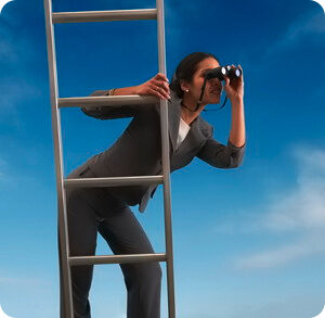 businesswoman-standing-on-a-ladder-looking-through-binoculars